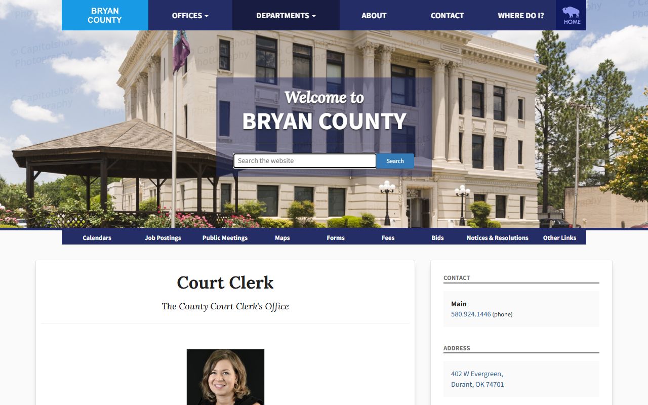 Bryan County Court Clerk page with court records link and office information