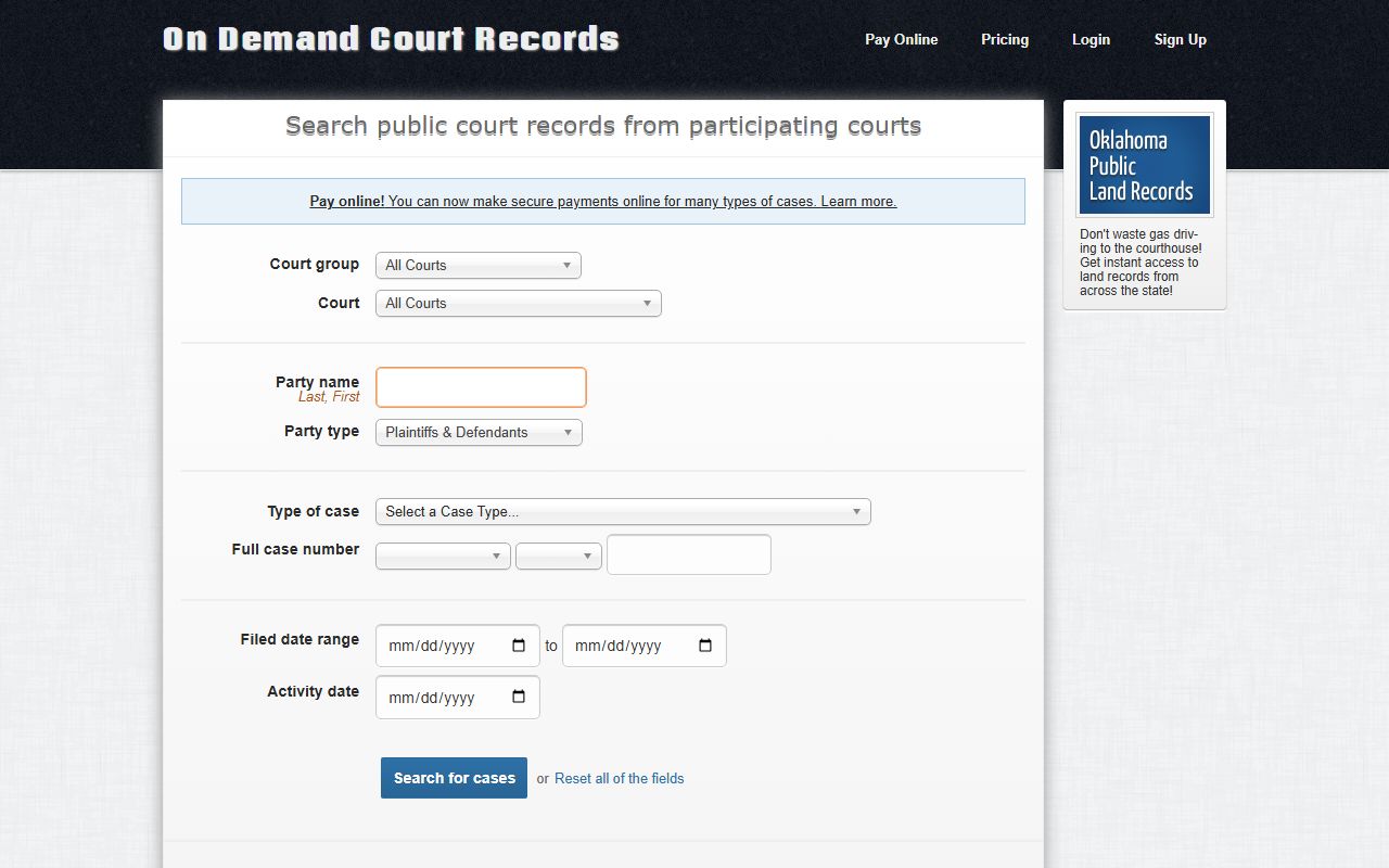 ODCR court search fields for Bryan County court records