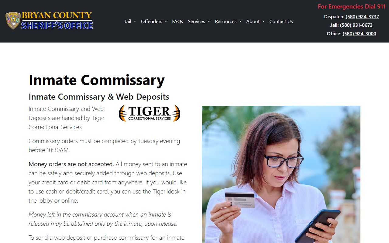 Bryan County Jail commissary and web deposit instructions