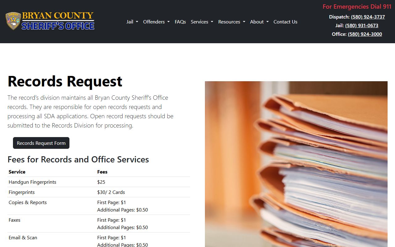 Bryan County Sheriff's Office records request form for inmate records