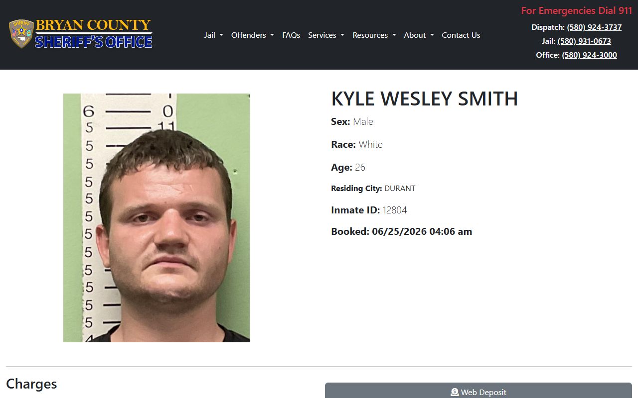 Bryan County inmate profile record with mugshot and booking fields
